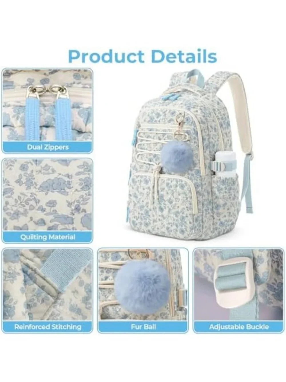 Cute Quilted Lightweight Backpack for Women, Multi-Pocket Anti-Theft Bookbag